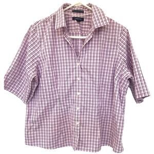 Lands' End Button Up Shirt 16P Purple Plaid Womens Oxford Short Sleeve  Summer